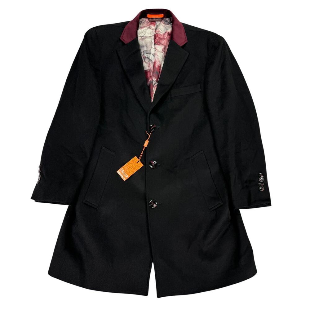 Tallia Mens Wool Blend Velvet Contrast Top Collar Overcoat Black M